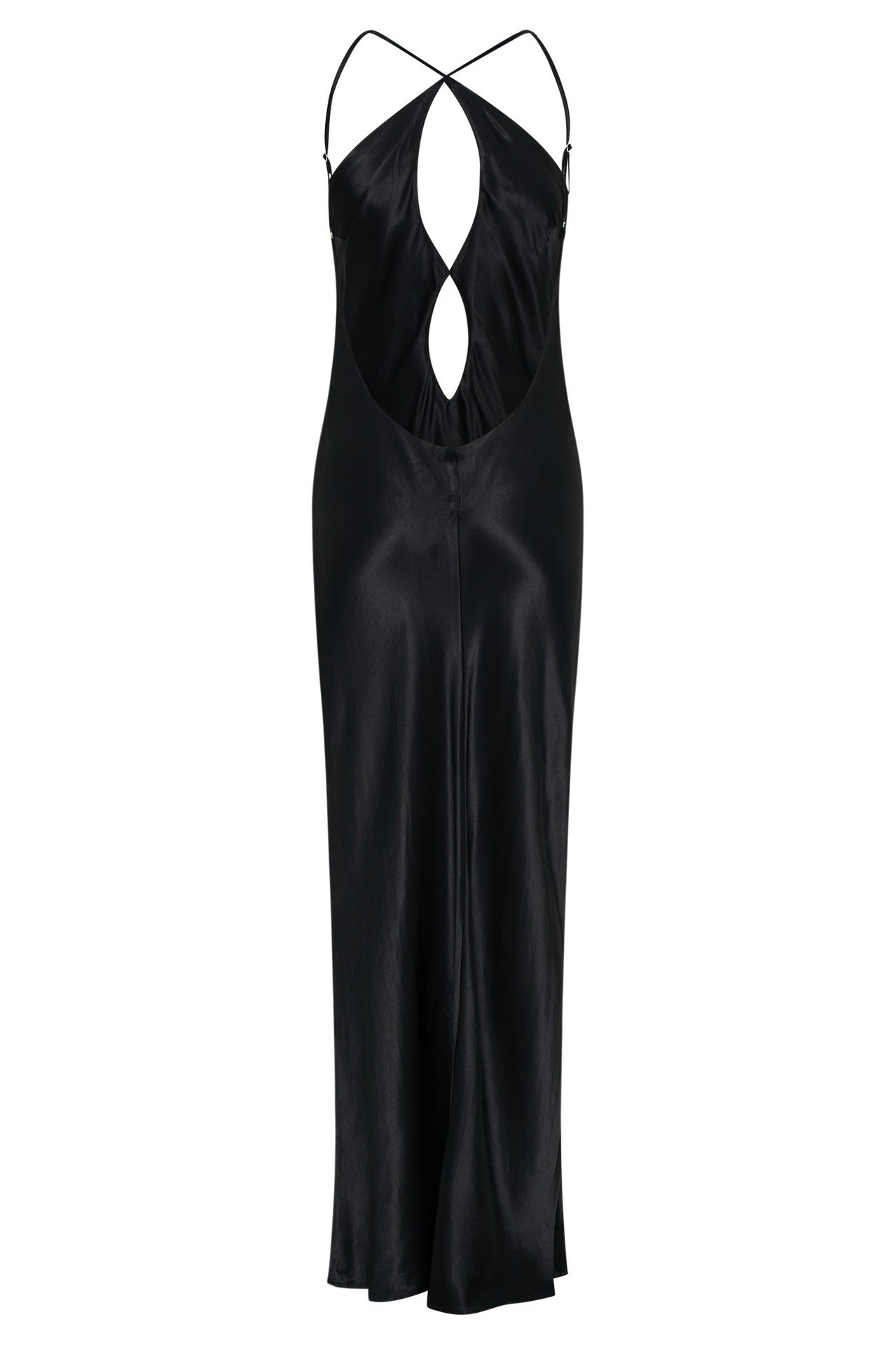 Black Satin Halter Maxi Dress with Cut-Out Front – Elegant Backless Evening Gown