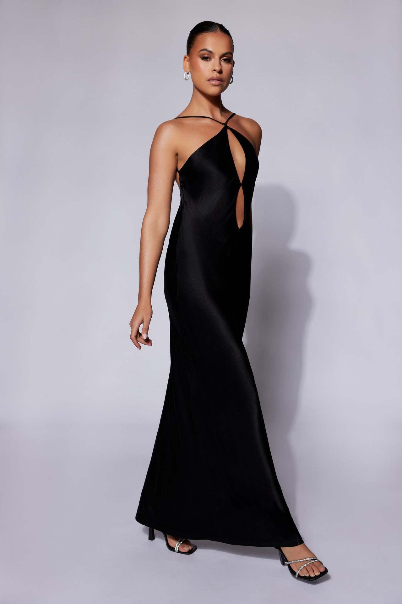 Black Satin Halter Maxi Dress with Cut-Out Front – Elegant Backless Evening Gown