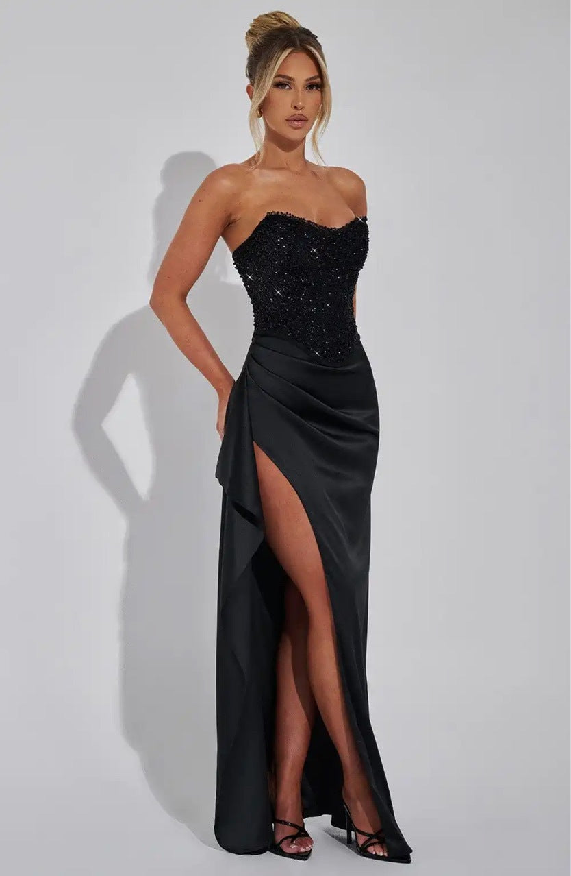 Black Strapless Sequin Bodice Evening Gown with High Slit