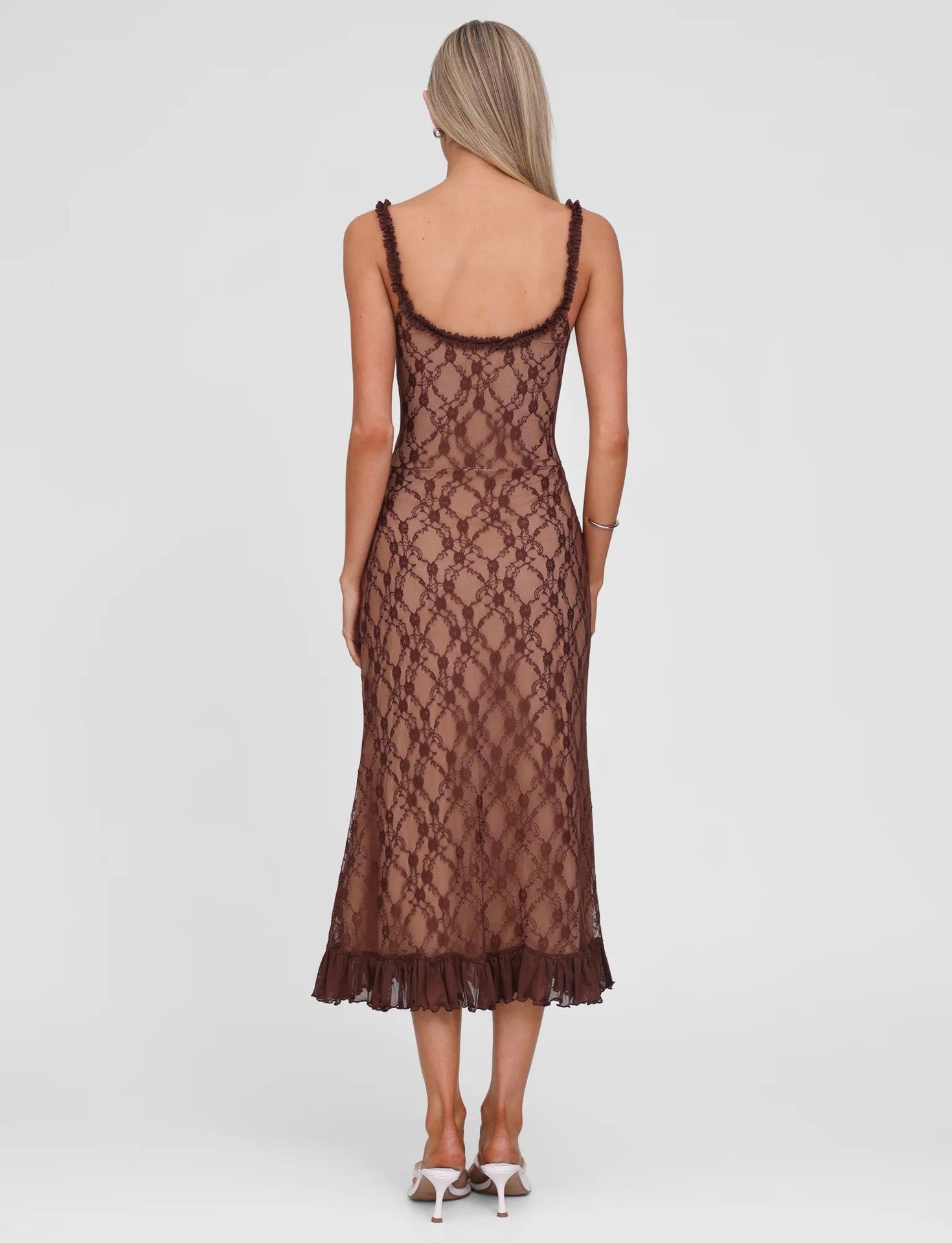 Lace Midi Dress with Ruffle Hem – Elegant Sleeveless Bodycon