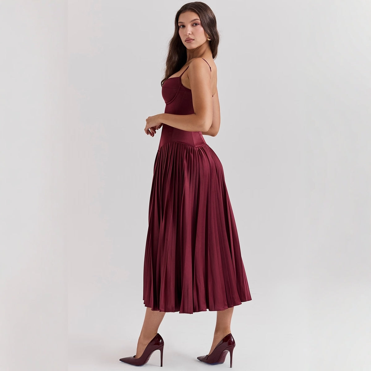 Elegant Burgundy Midi Dress with Corset Bodice and Pleated Skirt