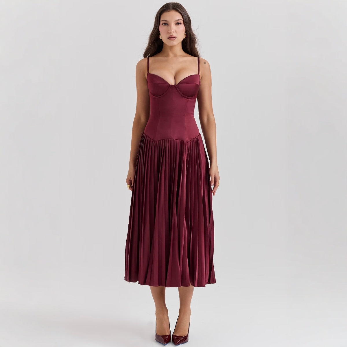Elegant Burgundy Midi Dress with Corset Bodice and Pleated Skirt