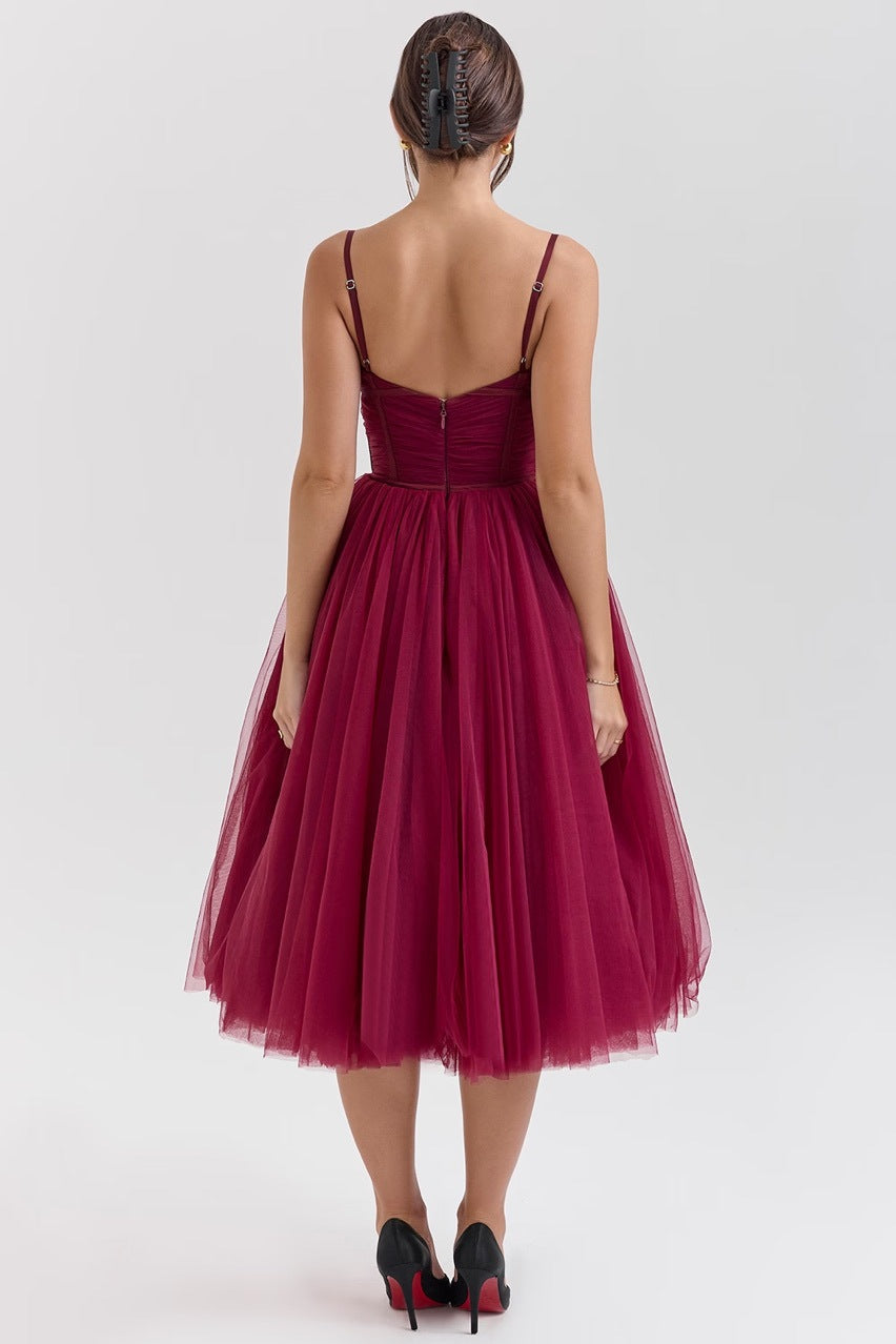Elegant Burgundy Tulle Midi Dress with Spaghetti Straps