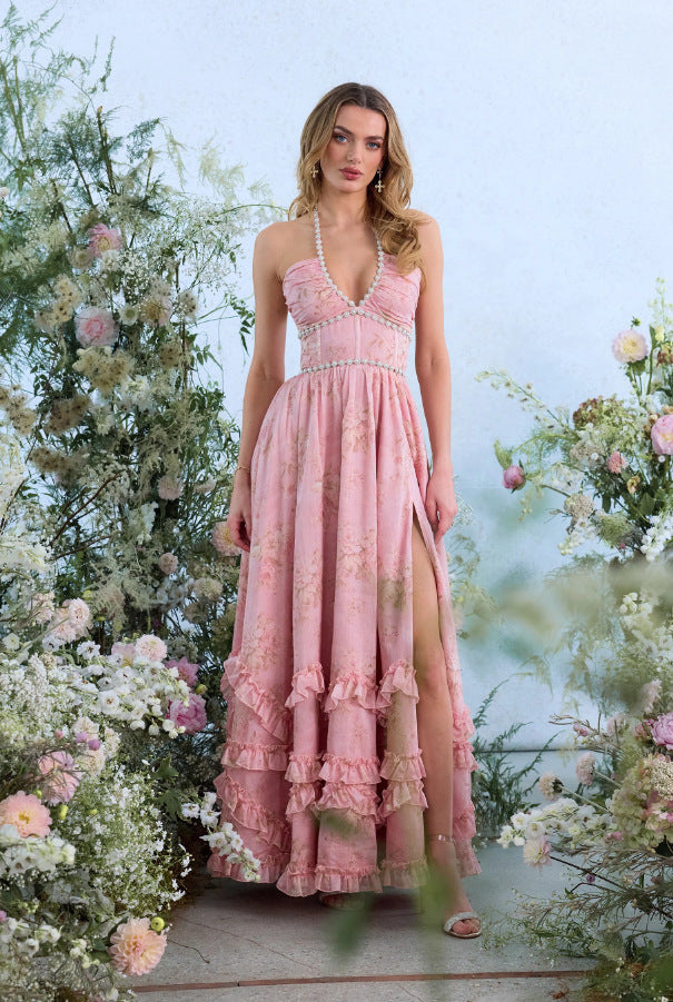 Floral Print Halter Maxi Dress with Ruffle Hem and High Slit