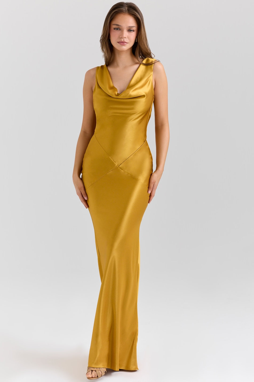 Elegant Gold Satin Cowl Neck Evening Maxi Dress