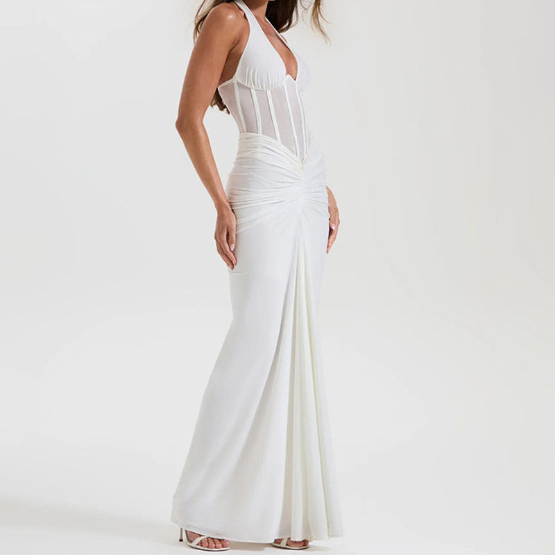 Caroline White & Black Halter Neck Corset Maxi Dress with Sheer Bodice