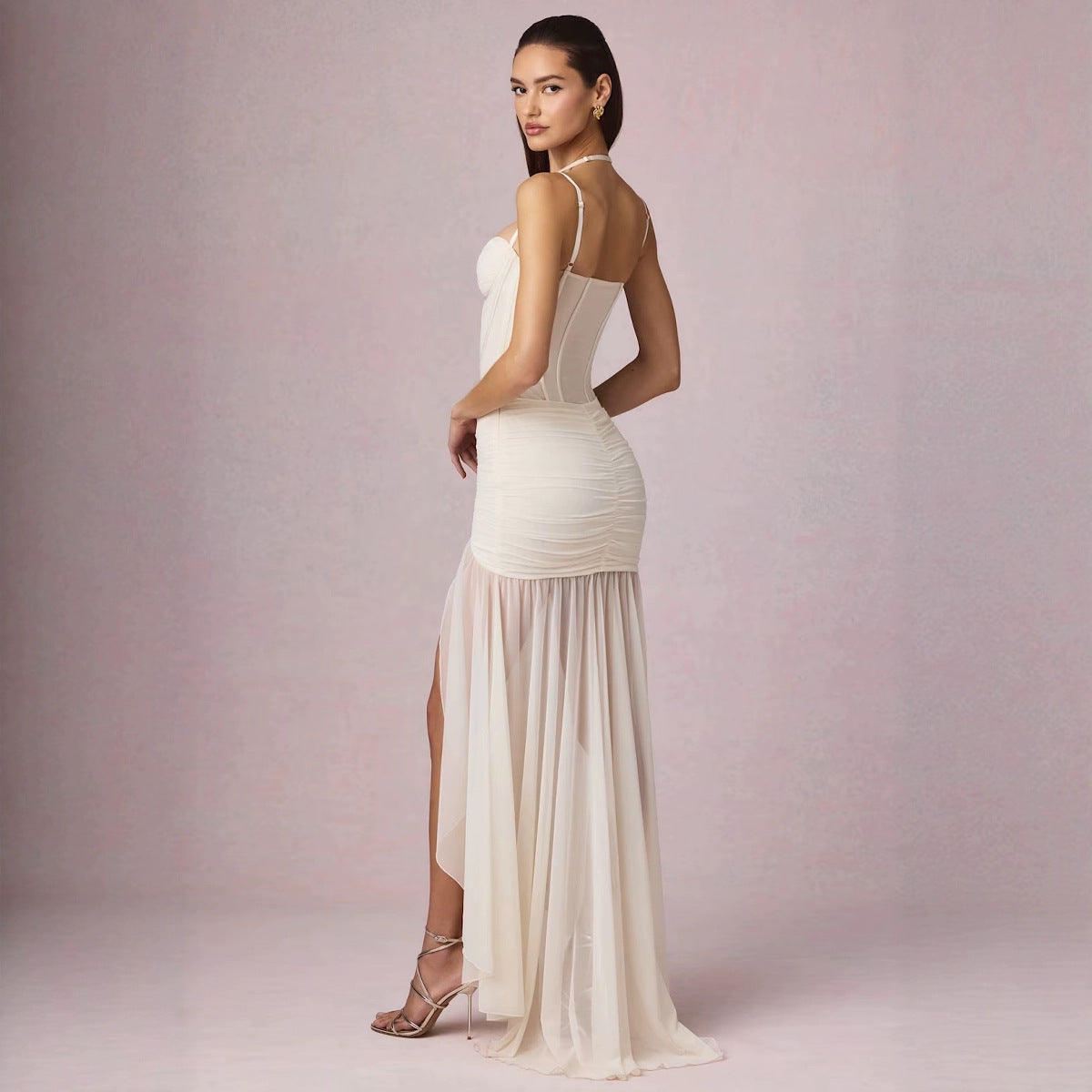 Elegant Lavender Spaghetti Strap Corset Maxi Dress with High Slit and Sheer Ruffles