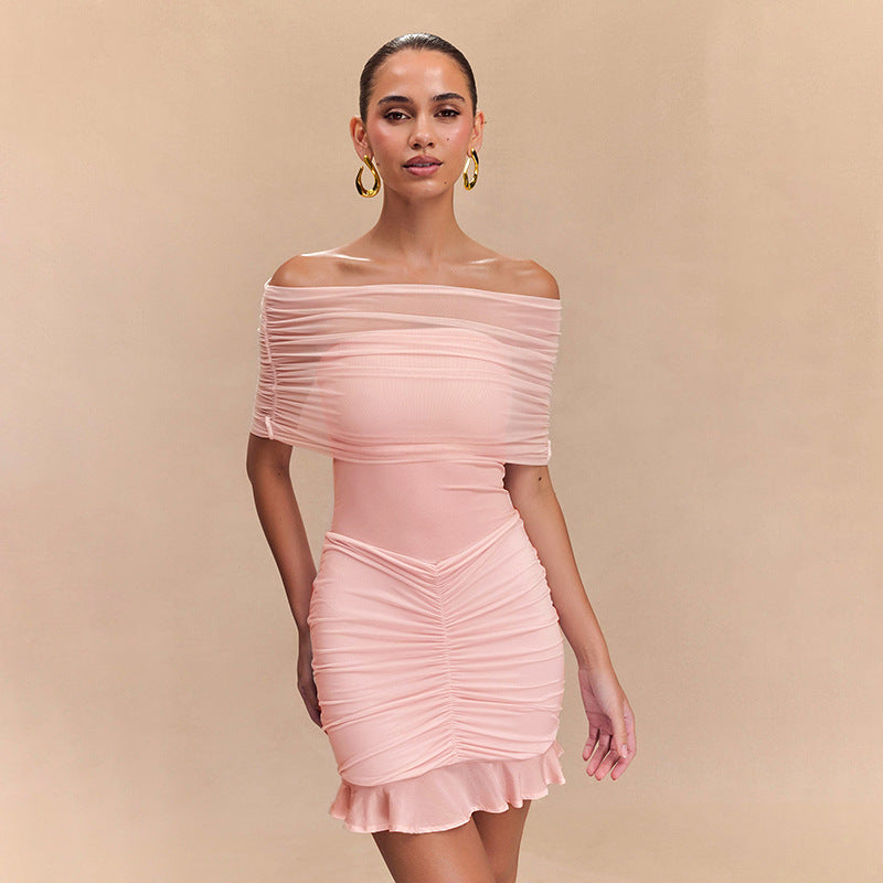 Elegant Off Shoulder Ruched Mesh Mini Dress – Pink & Yellow