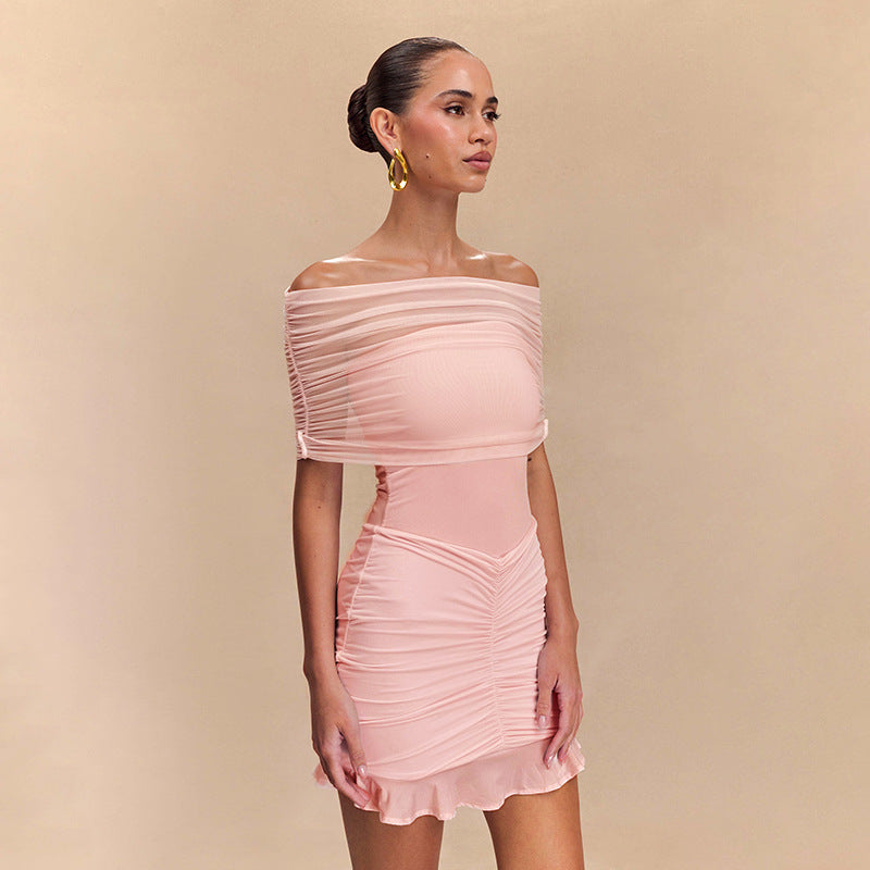 Elegant Off Shoulder Ruched Mesh Mini Dress – Pink & Yellow
