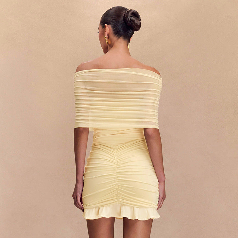 Elegant Off Shoulder Ruched Mesh Mini Dress – Pink & Yellow