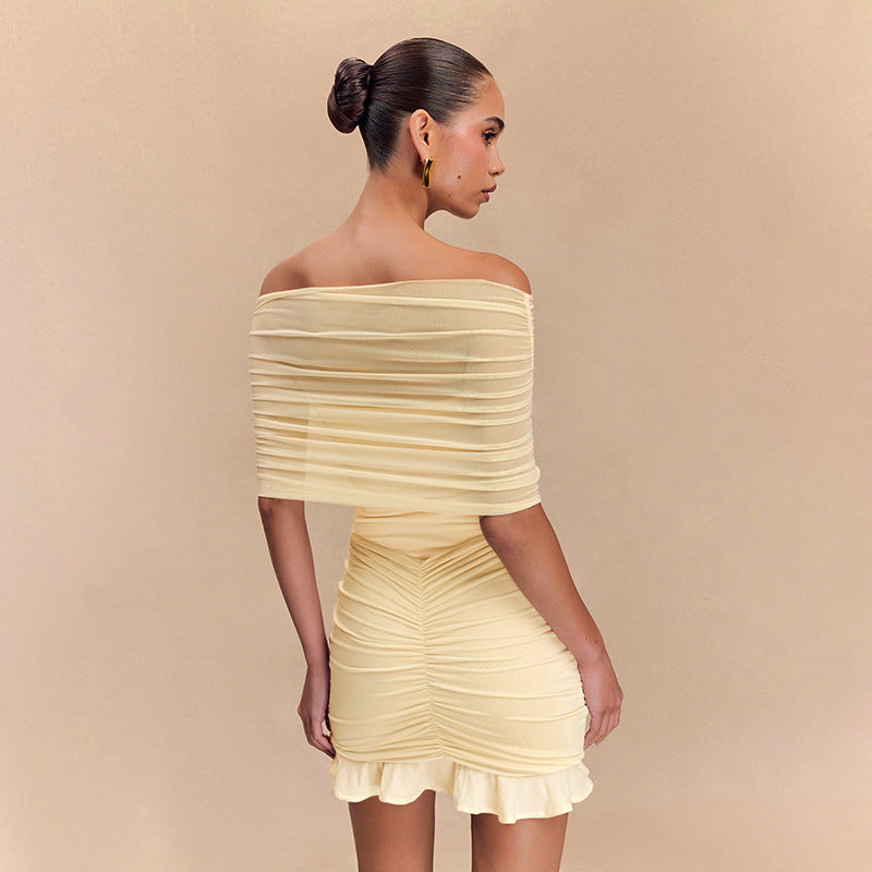 Elegant Off Shoulder Ruched Mesh Mini Dress – Pink & Yellow