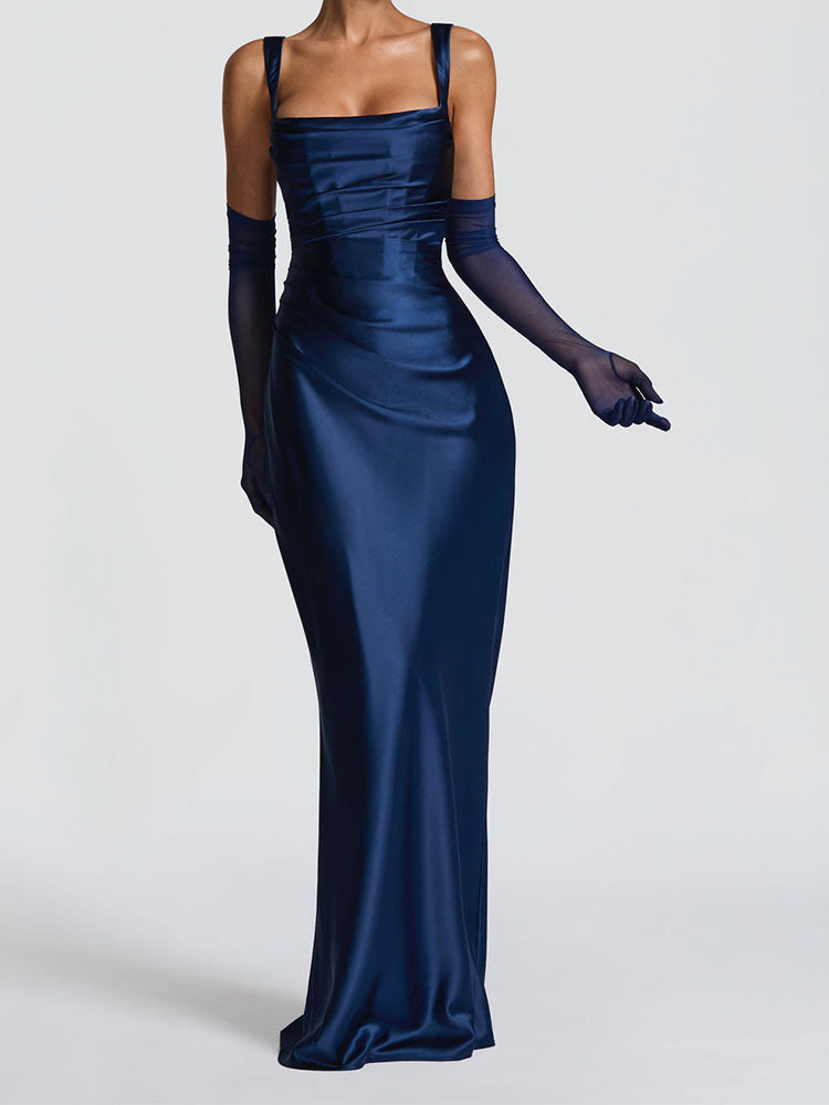 Elegant Satin Pink Evening Gown with Square Neck and Gloves