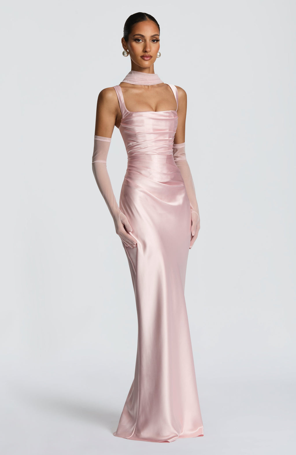 Elegant Satin Pink Evening Gown with Square Neck and Gloves