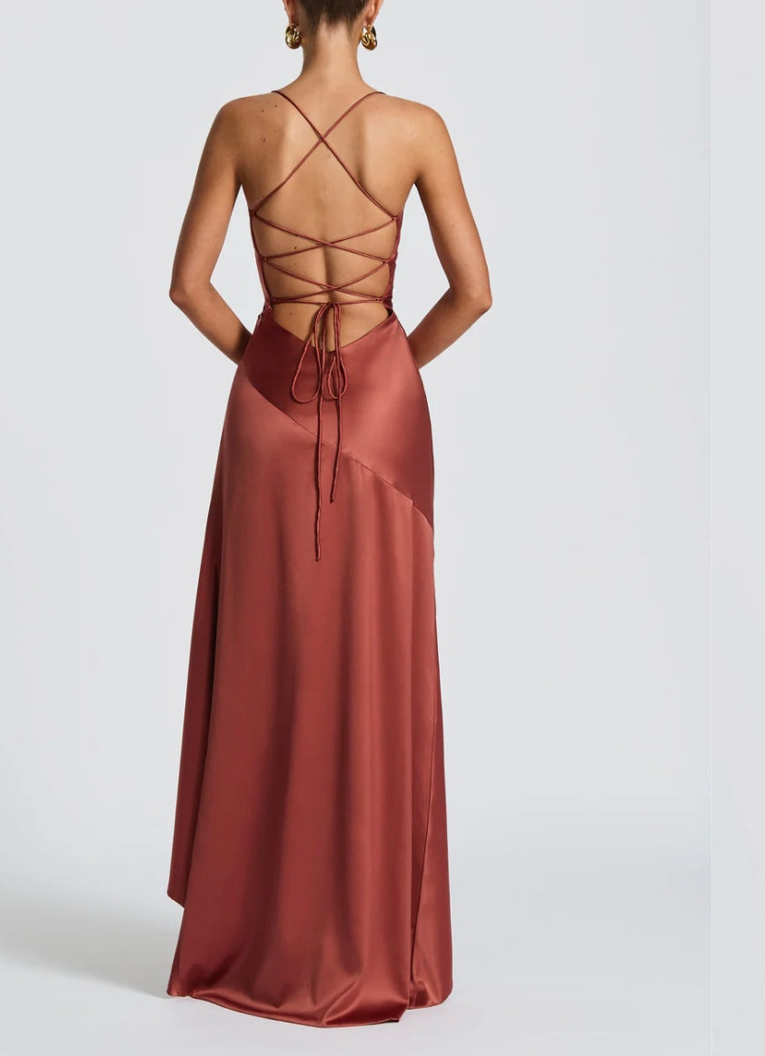 Elegant Satin Spaghetti Strap High Slit Evening Dress – Caroline