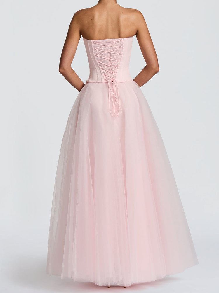 Strapless Corset Tulle Ball Gown Dress – Elegant Wedding & Evening Maxi Dress