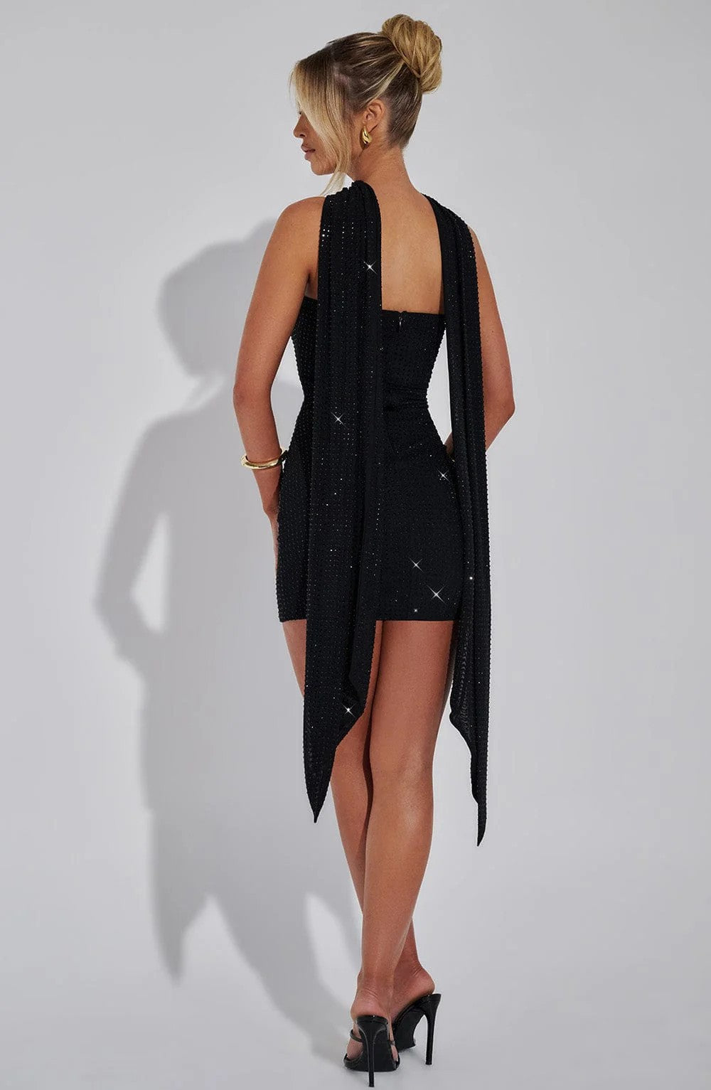 Strapless Rhinestone Mini Dress with Scarf Detail – Elegant Sparkly Cocktail Dress