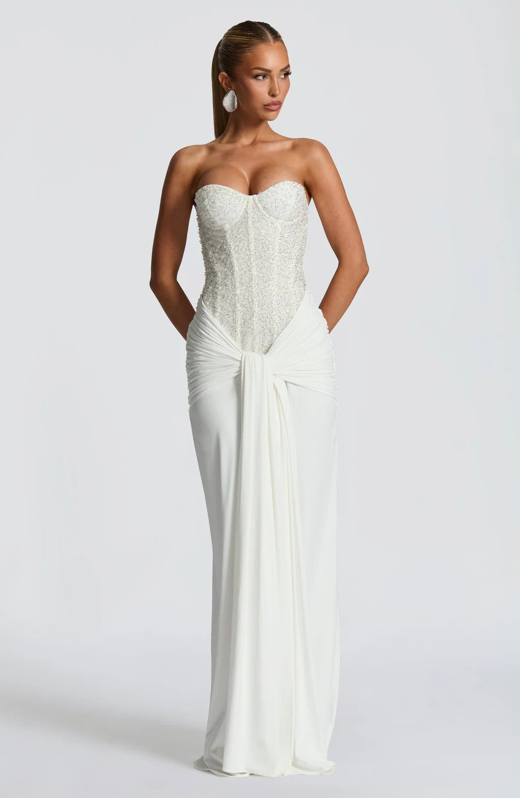 Strapless Sequin Corset Evening Gown with Scarf Detail