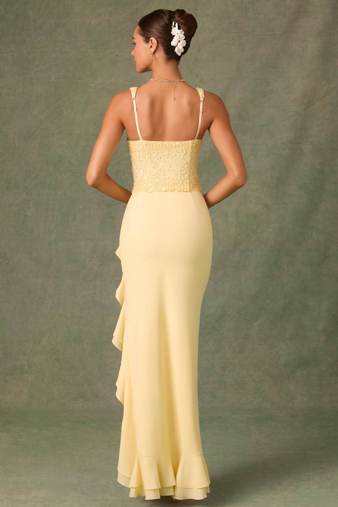 Sequin Bodice Ruffle Slit Maxi Dress – Elegant Evening Gown