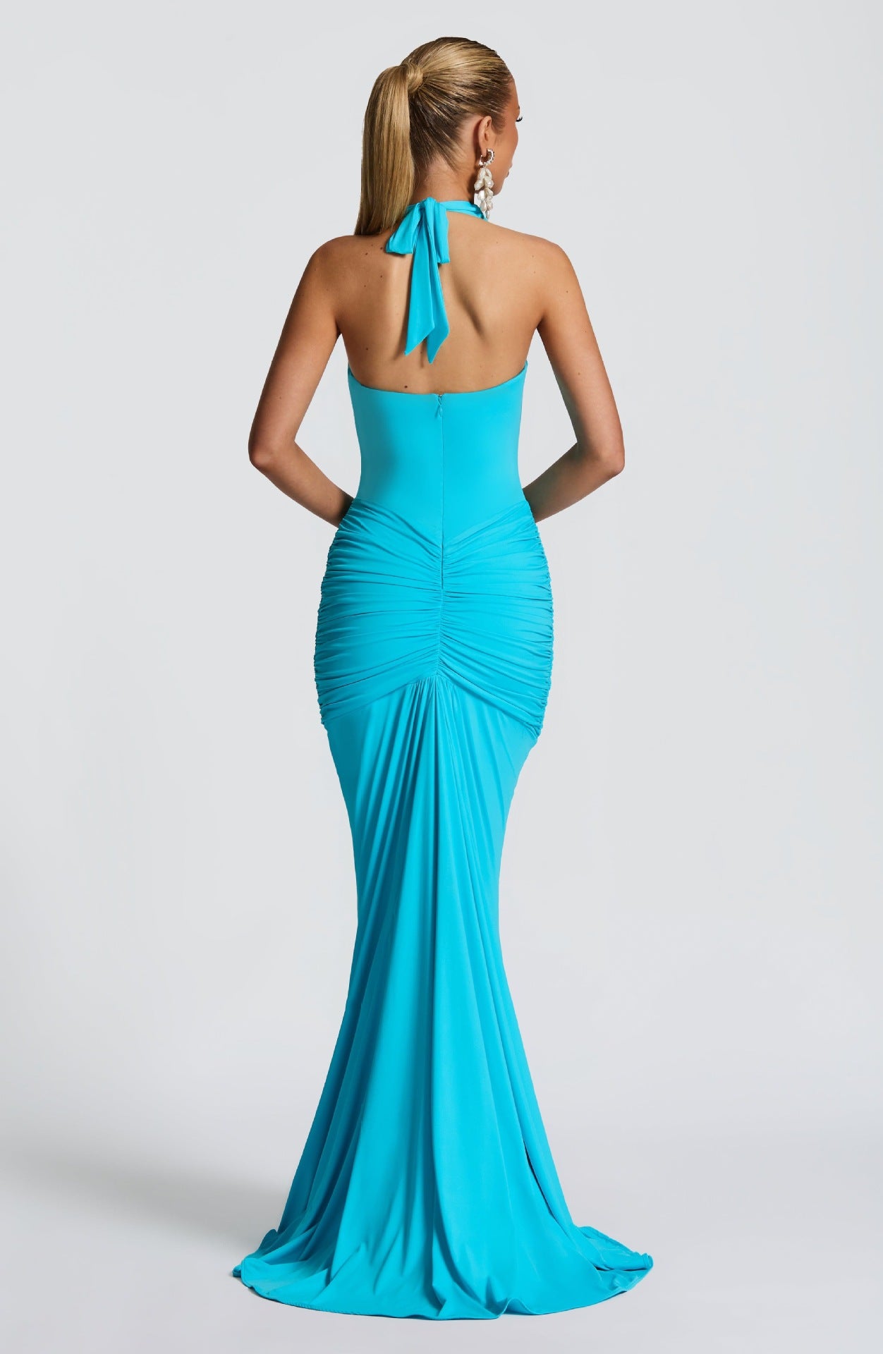 CarolineDress Deep V Halter Ruched Maxi Dress | Sexy Backless Evening Gown