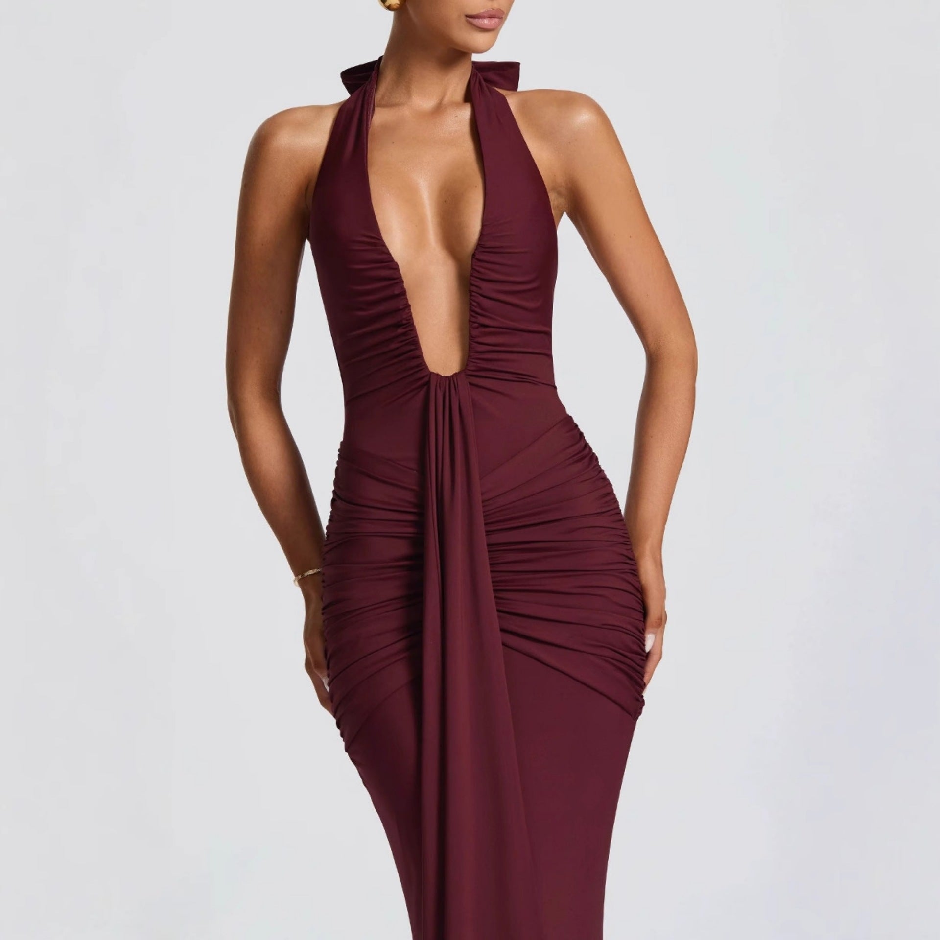 CarolineDress Deep V Halter Ruched Maxi Dress | Sexy Backless Evening Gown