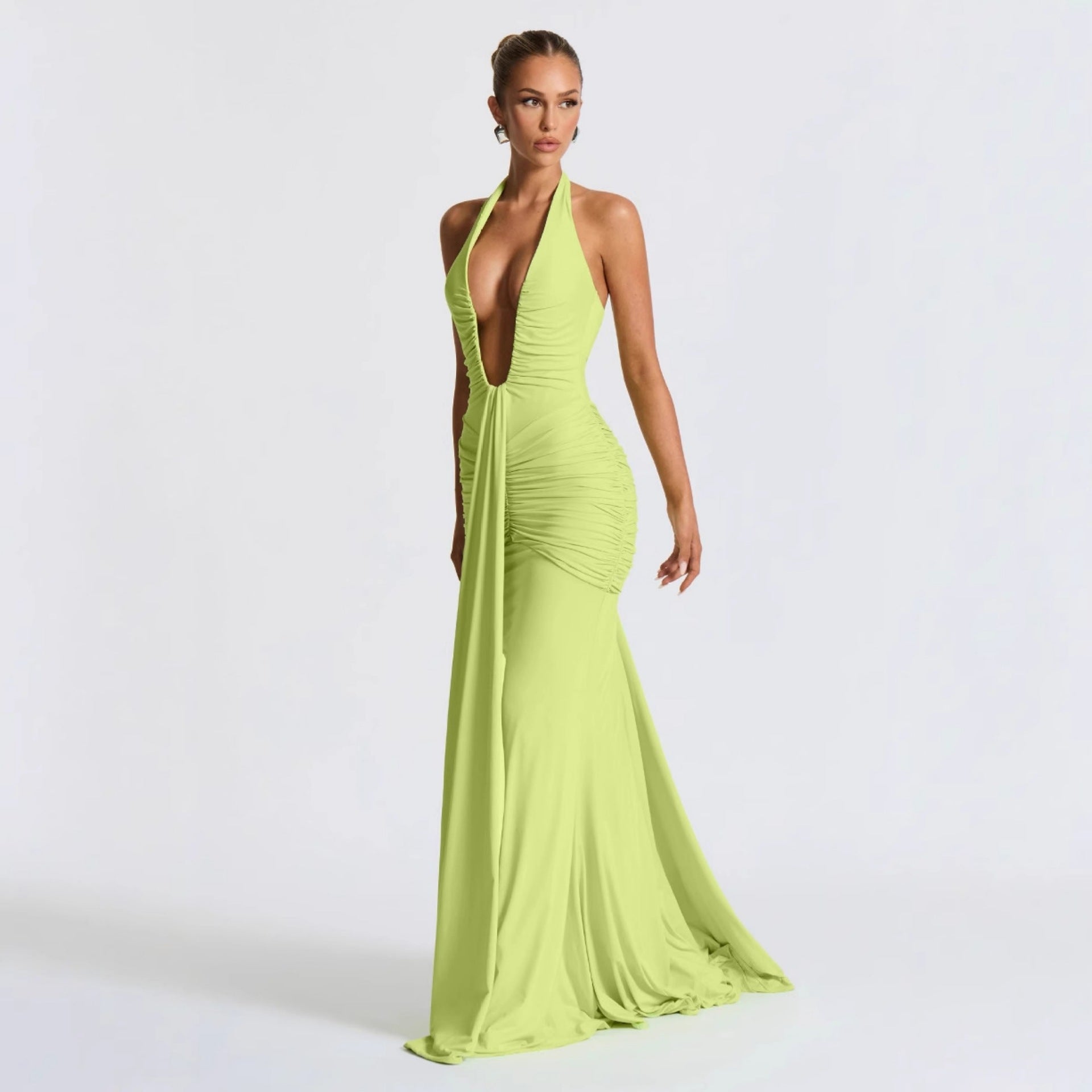 CarolineDress Deep V Halter Ruched Maxi Dress | Sexy Backless Evening Gown