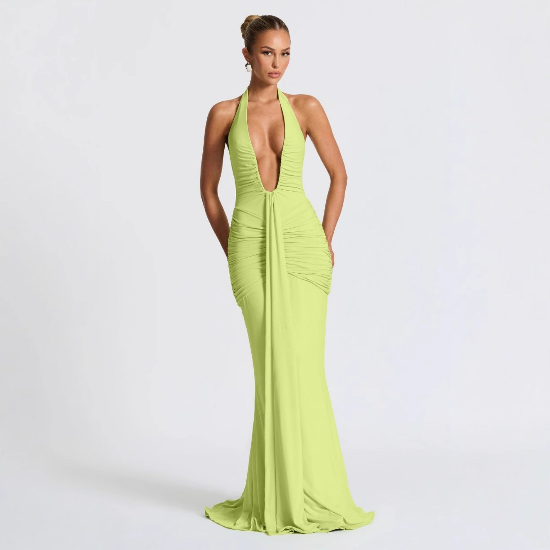 CarolineDress Deep V Halter Ruched Maxi Dress | Sexy Backless Evening Gown