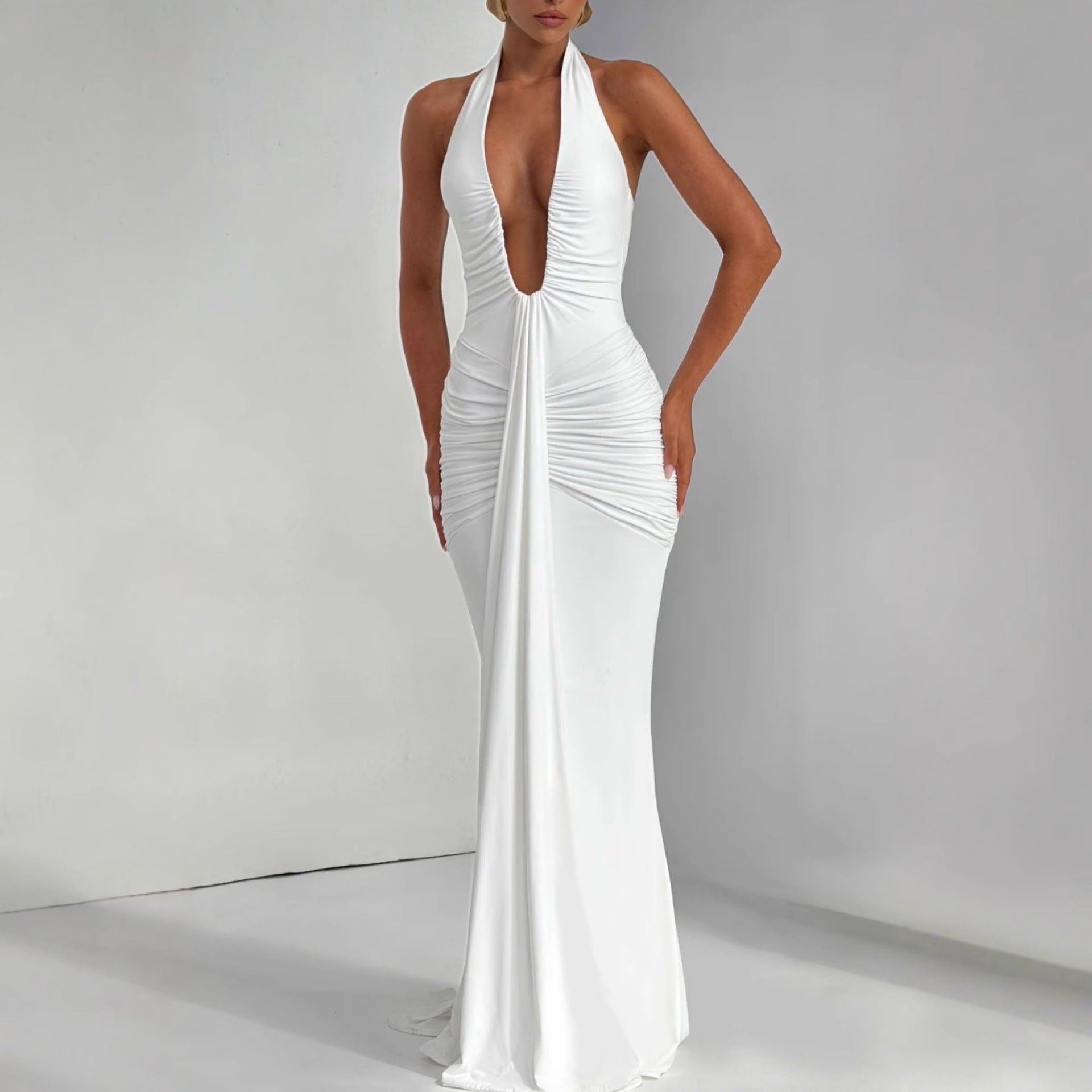 CarolineDress Deep V Halter Ruched Maxi Dress | Sexy Backless Evening Gown
