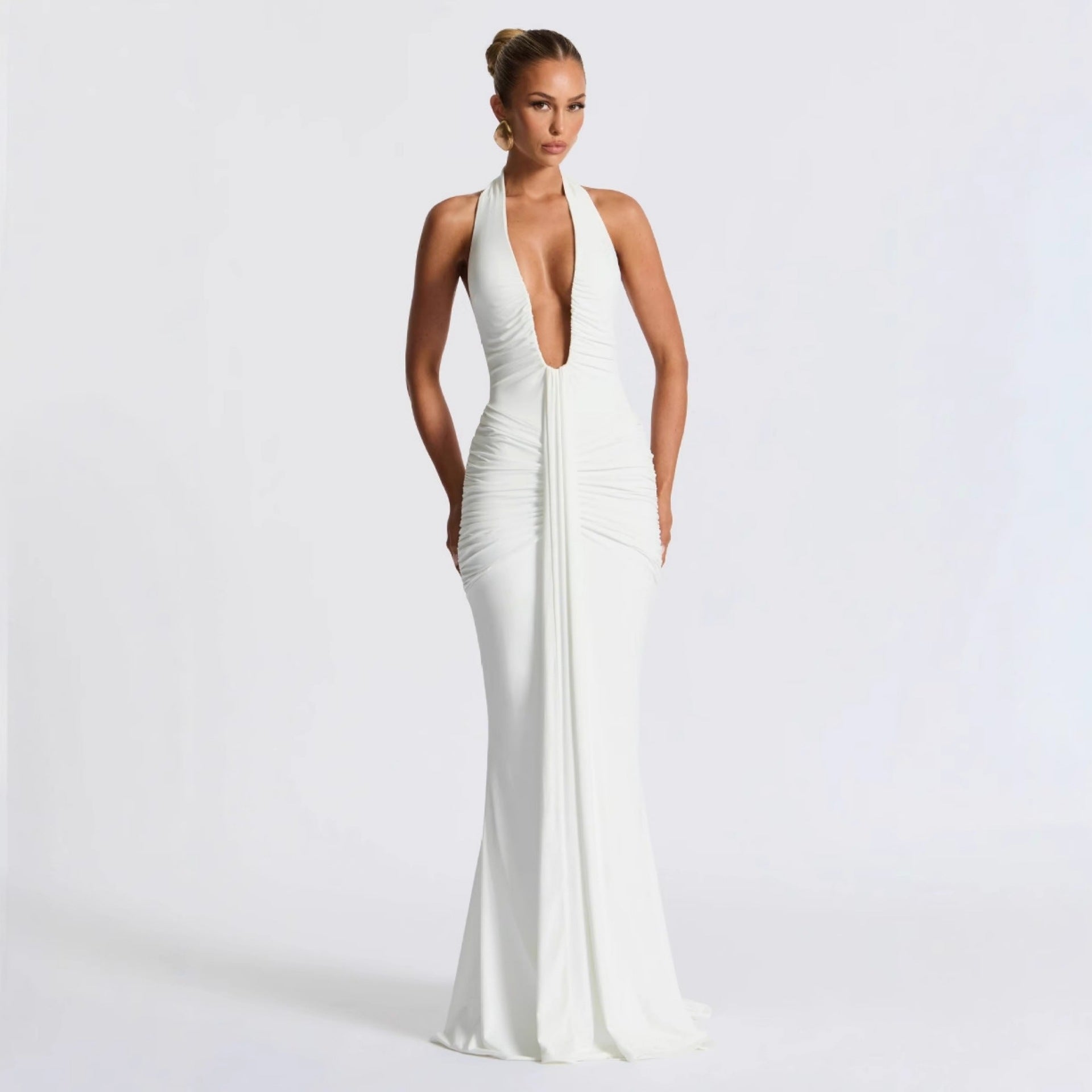 CarolineDress Deep V Halter Ruched Maxi Dress | Sexy Backless Evening Gown