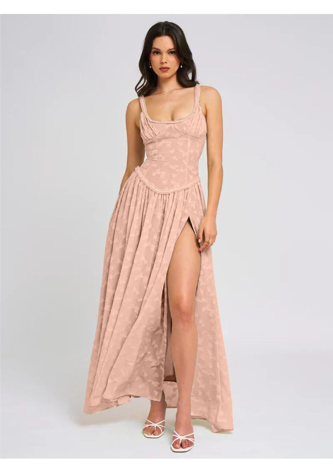 CarolineDress Elegant Square Neck Corset Maxi Dress with High Slit – Evening Party Gown