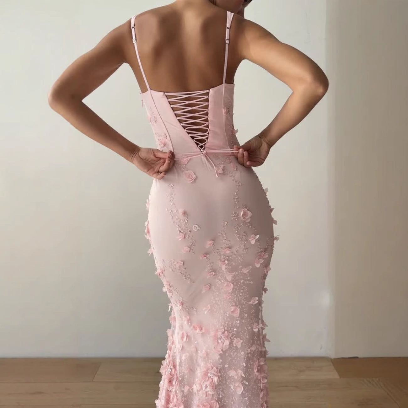 CarolineDress Pink Floral Appliqué Strap Maxi Dress – Elegant 3D Flower Evening Gown