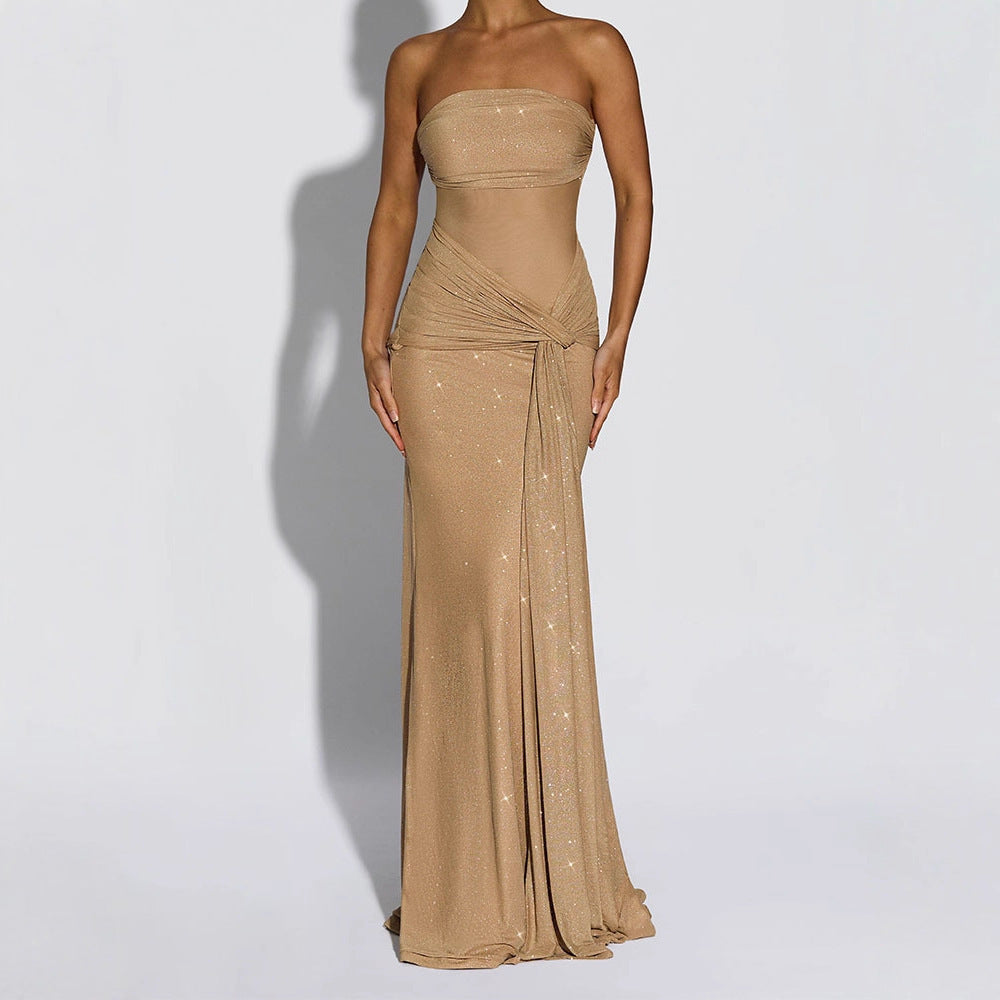 CarolineDress Strapless Sheer Mesh Glitter Maxi Dress for Women