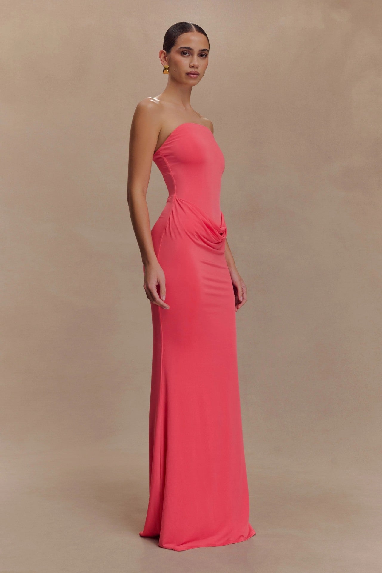 Hot Pink Strapless Maxi Dress – Elegant Ruched Bodycon Evening Gown