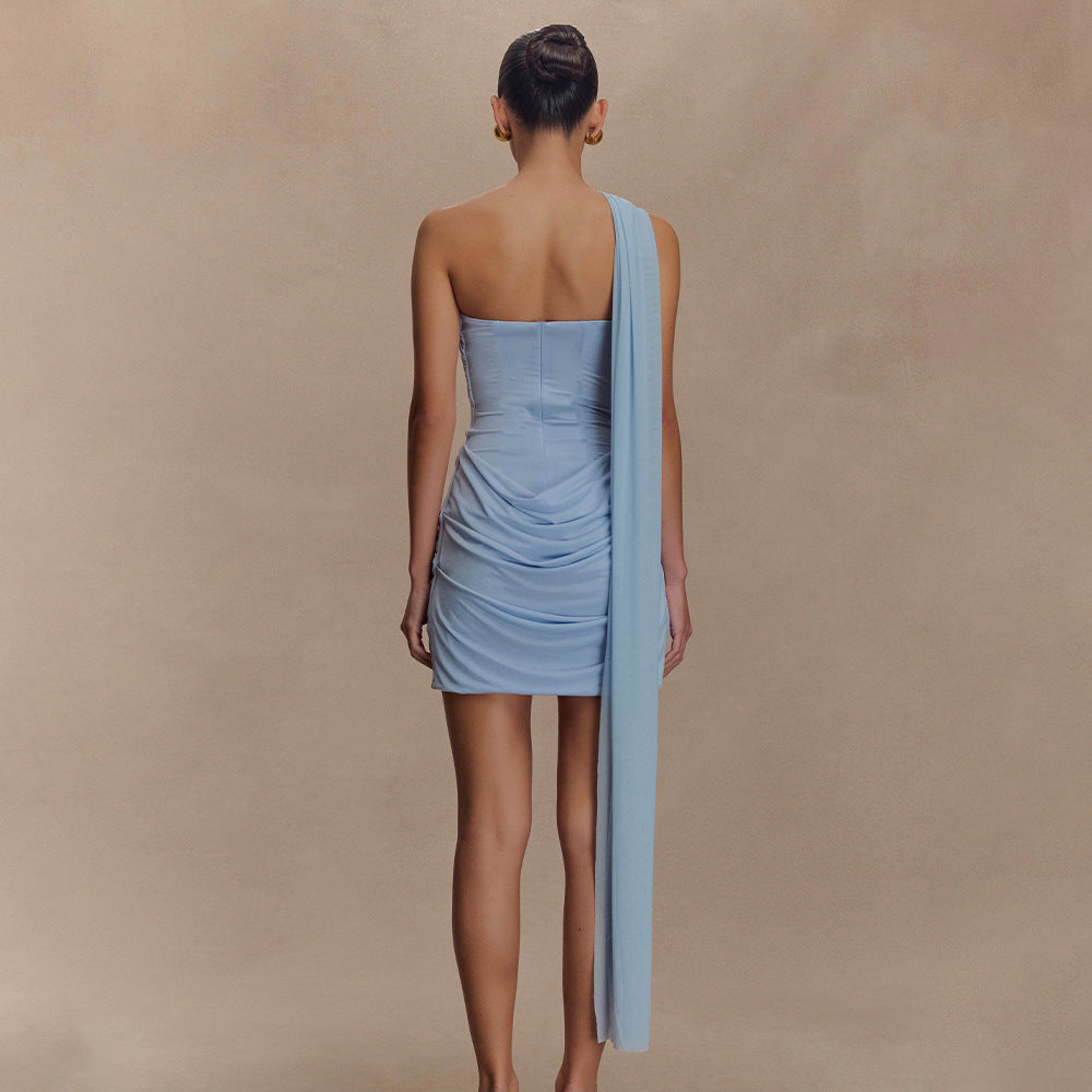 One Shoulder Blue Mini Dress – Elegant Draped Bodycon Party Dress