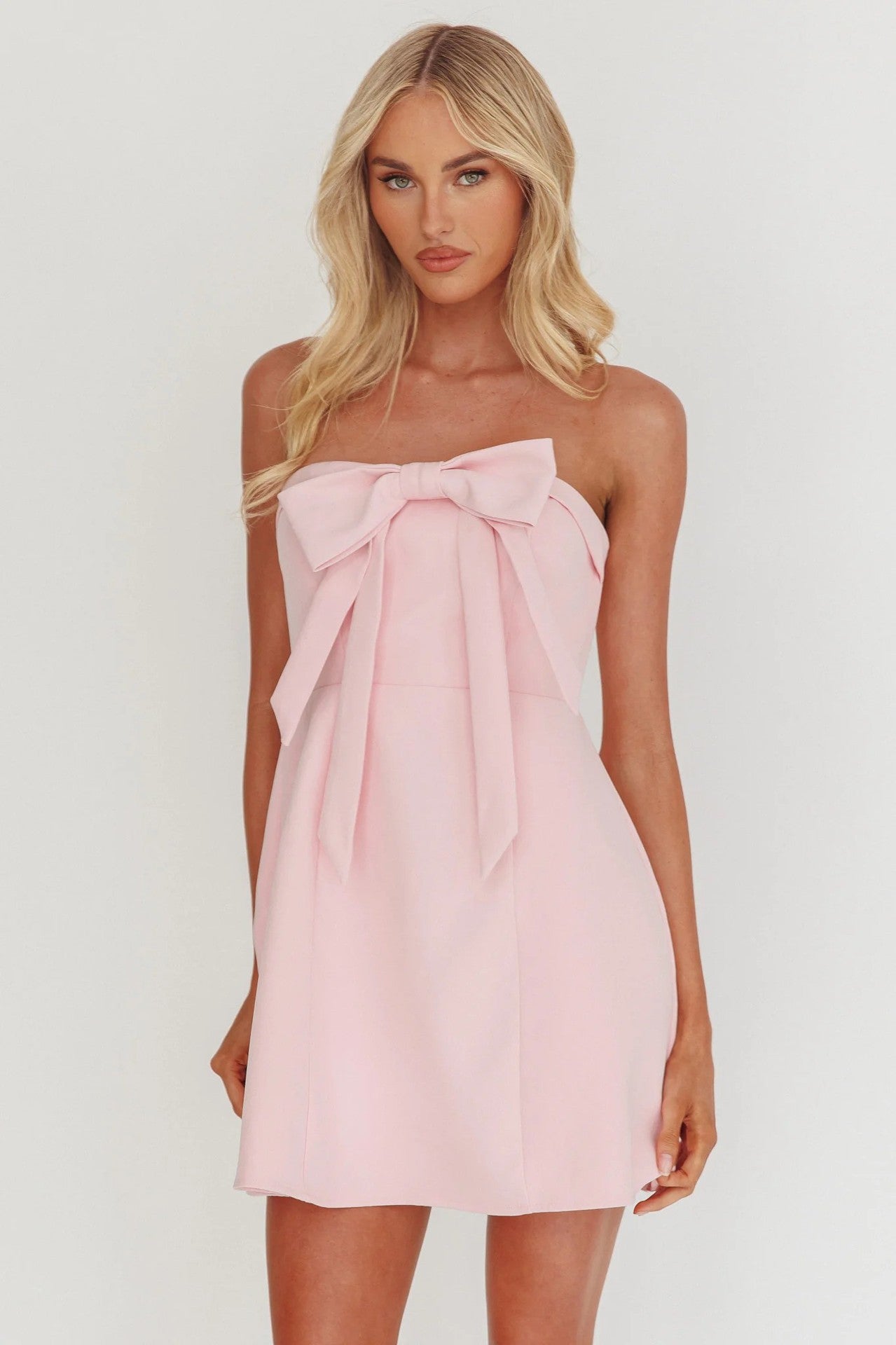 Pink Bow Strapless Mini Dress – Cute A-Line Party Dress with Front Bow