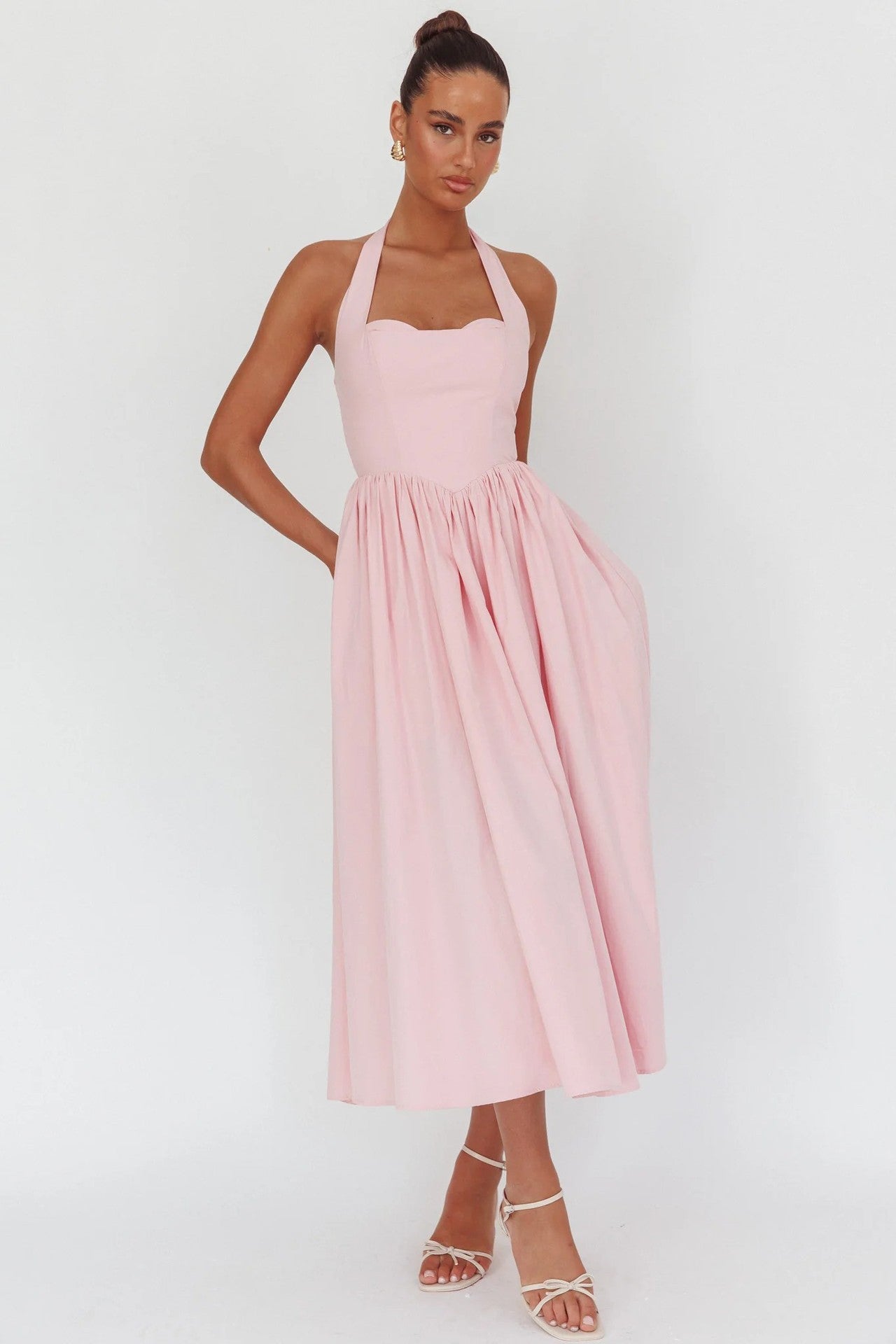Pink Halter Midi Dress – Elegant Backless Swing Dress for Summer