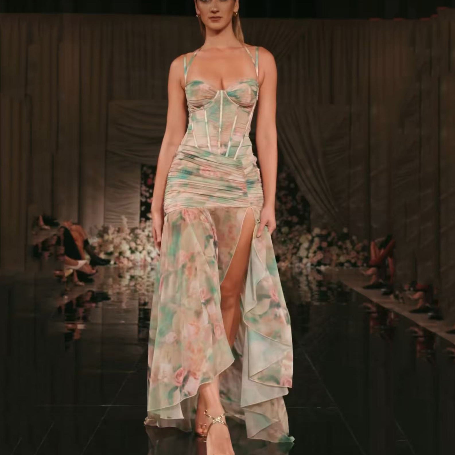 Sexy Floral & Leopard Print Spaghetti Strap Maxi Dress with High Slit – Summer Vacation Evening Gown