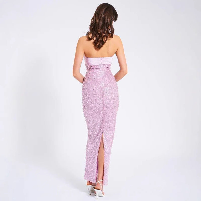 Sexy Strapless Pink Sequin Evening Gown – Elegant Slim Fit Maxi Dress for Women