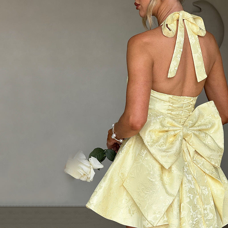 Halter Mini Dress with Bow Back – Flared Jacquard Cocktail Dress
