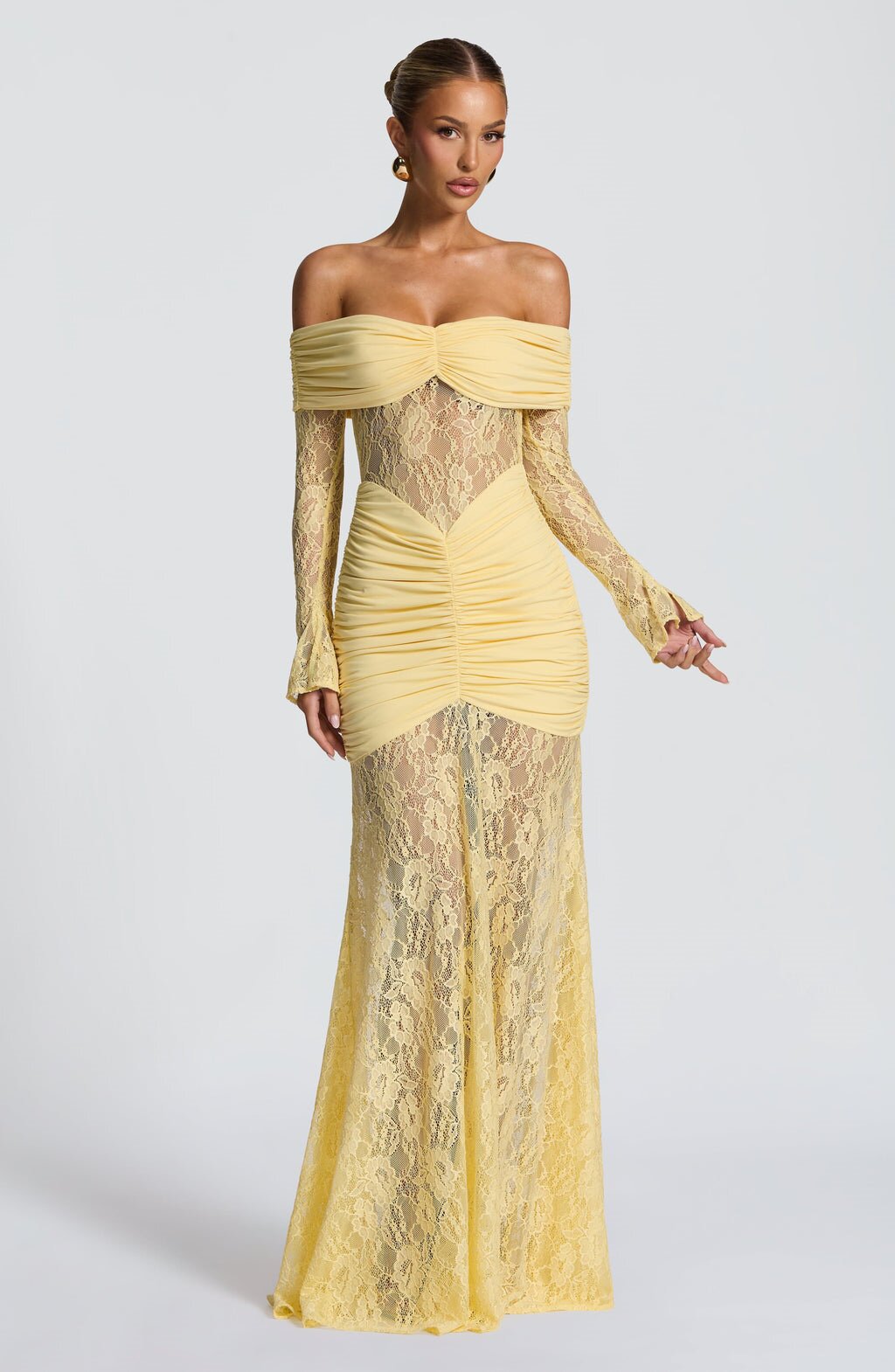 Yellow Lace Off Shoulder Long Sleeve Maxi Dress – Elegant See Through Evening Gown