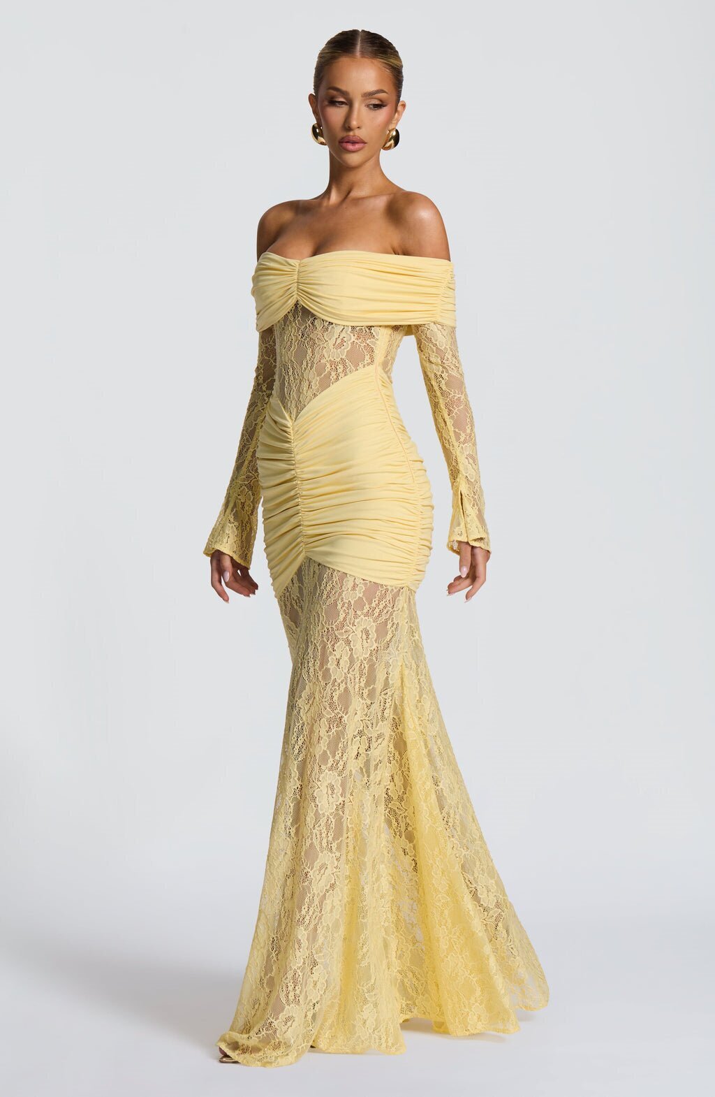 Yellow Lace Off Shoulder Long Sleeve Maxi Dress – Elegant See Through Evening Gown