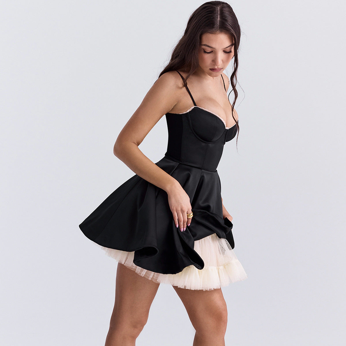 Pink Satin Mini Dress with Tulle Hem – Sweetheart Corset Fit Flare Party Dress