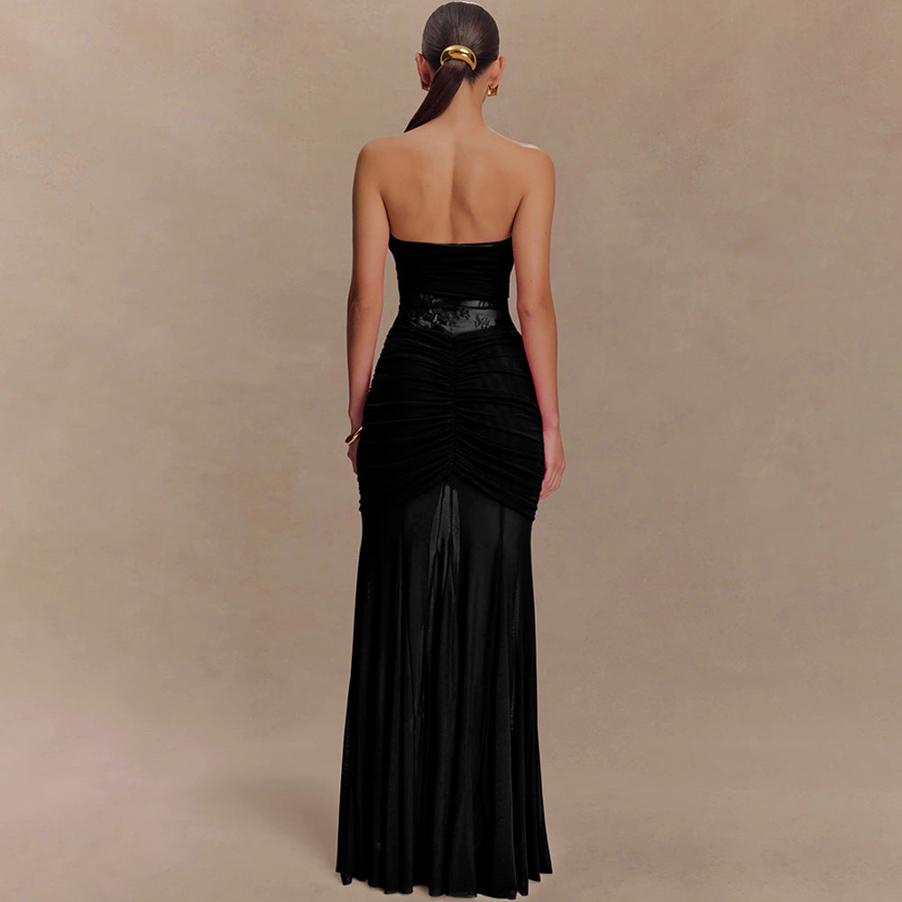 Black Lace Corset Strapless Evening Gown – Elegant Ruched Mesh Maxi Dress