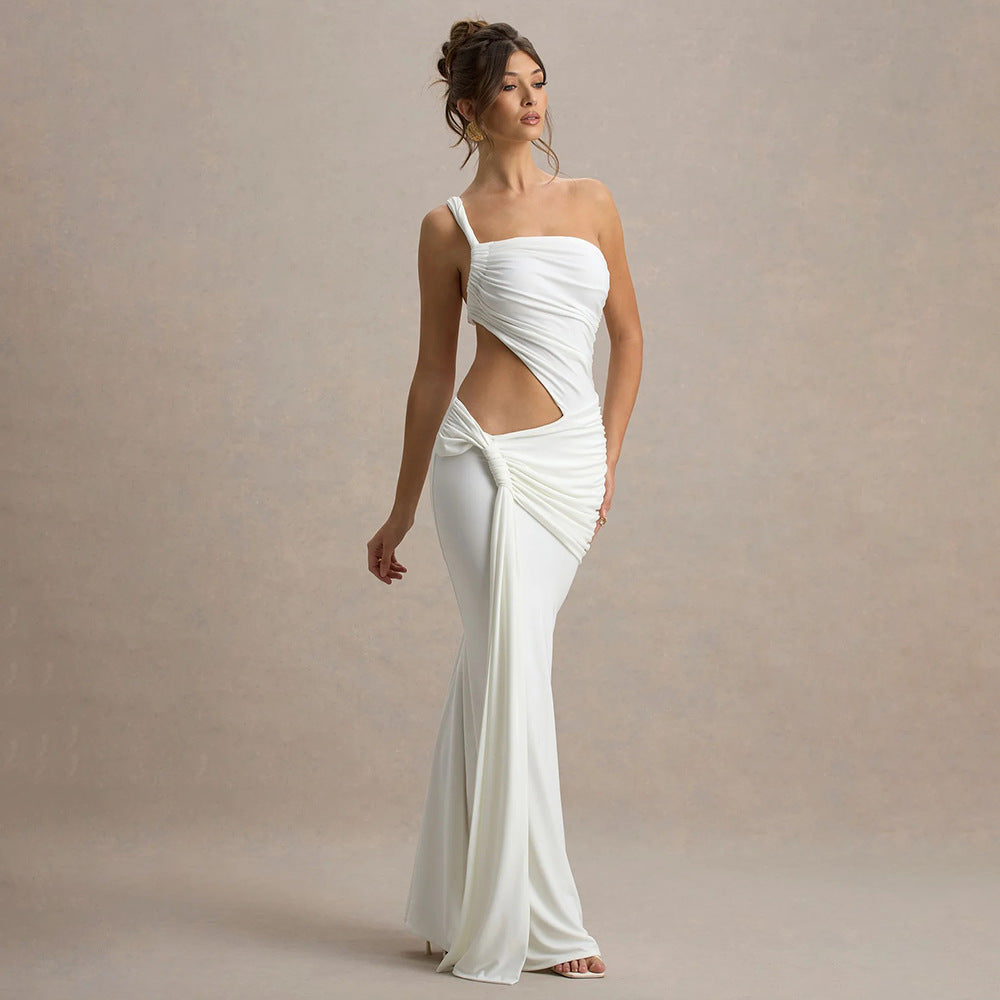 One Shoulder Cutout Ruched Maxi Dress – Elegant Evening Gown
