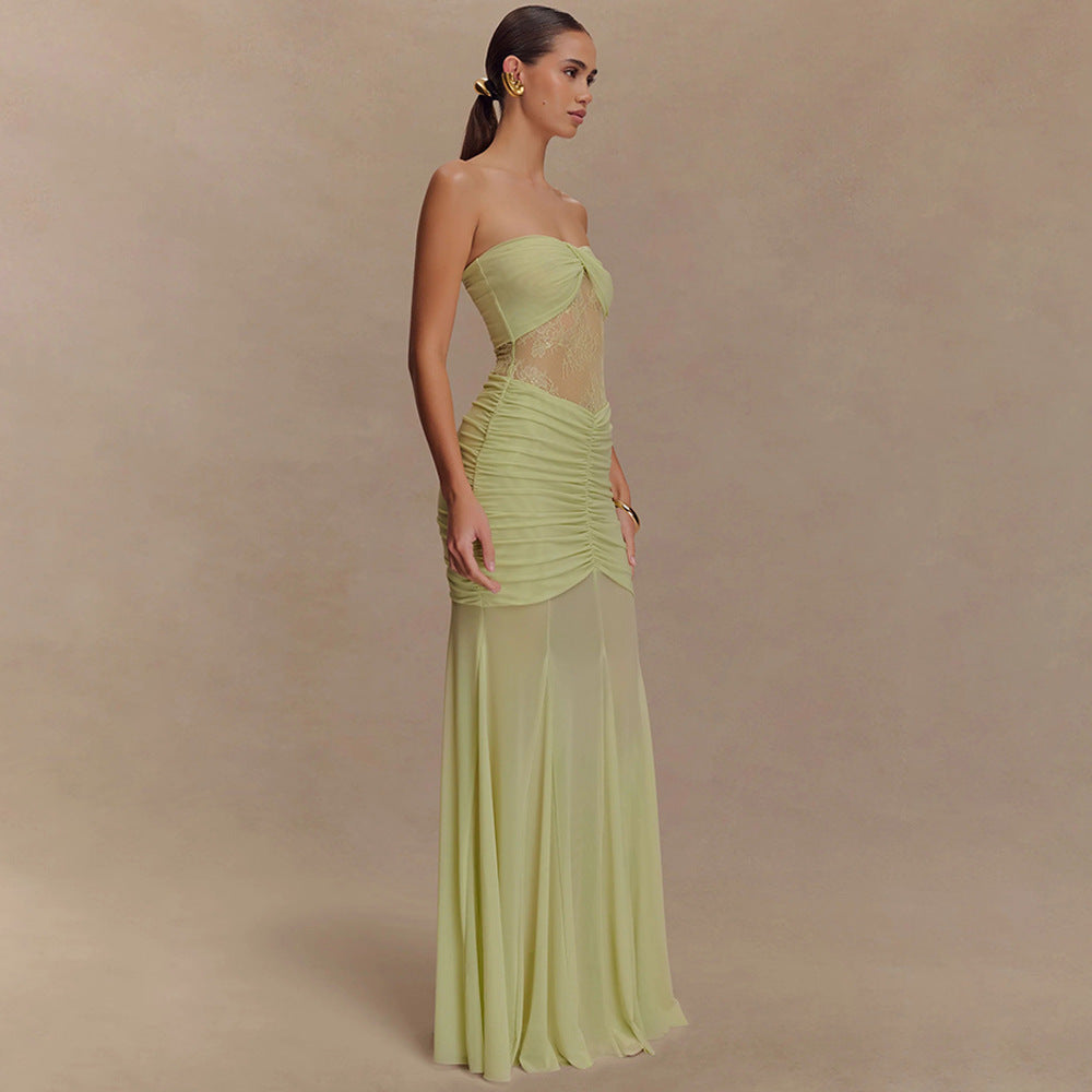 Black Lace Corset Strapless Evening Gown – Elegant Ruched Mesh Maxi Dress