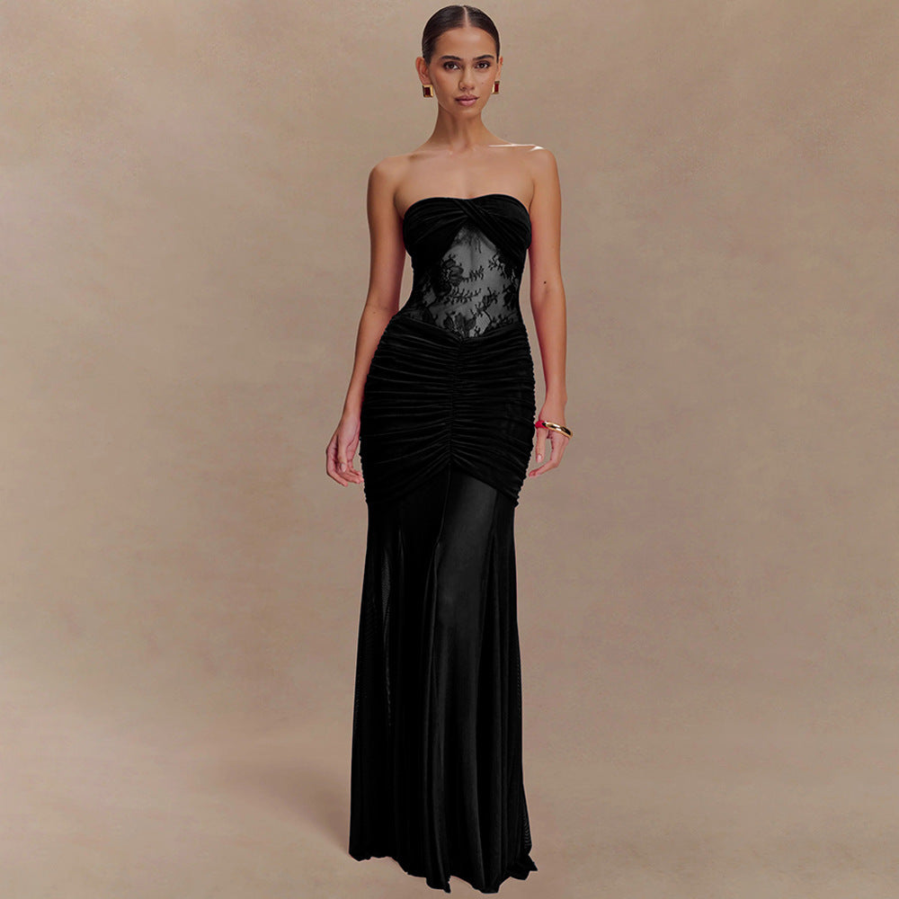 Black Lace Corset Strapless Evening Gown – Elegant Ruched Mesh Maxi Dress
