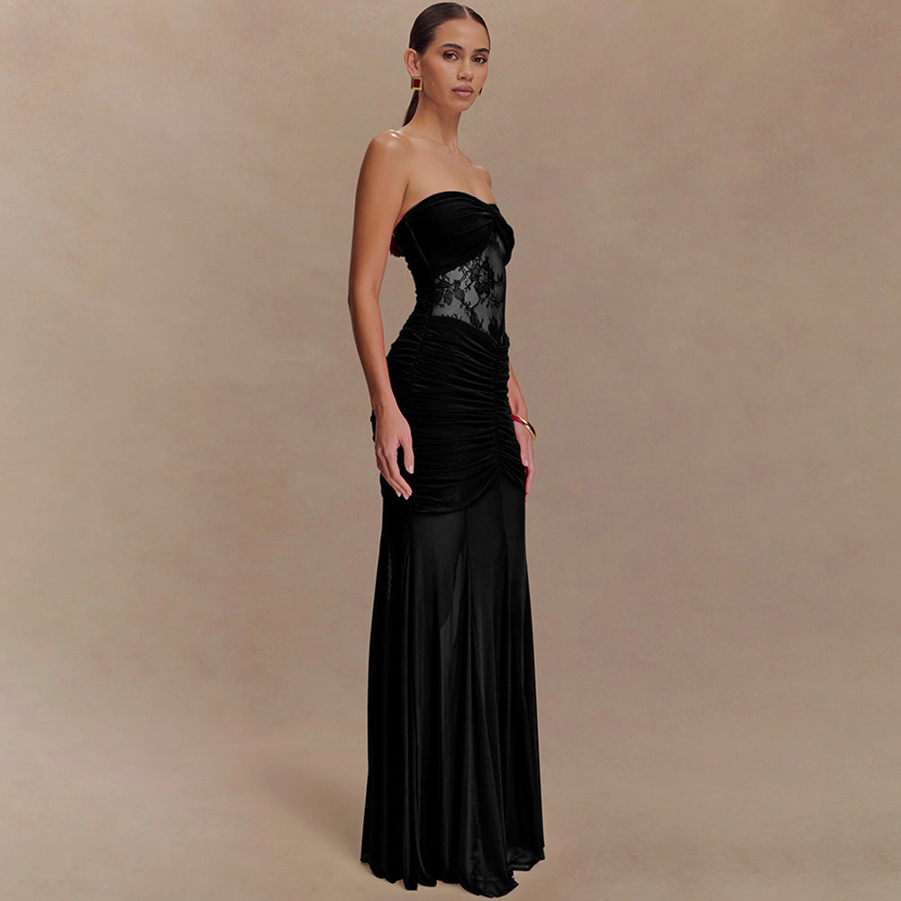 Black Lace Corset Strapless Evening Gown – Elegant Ruched Mesh Maxi Dress