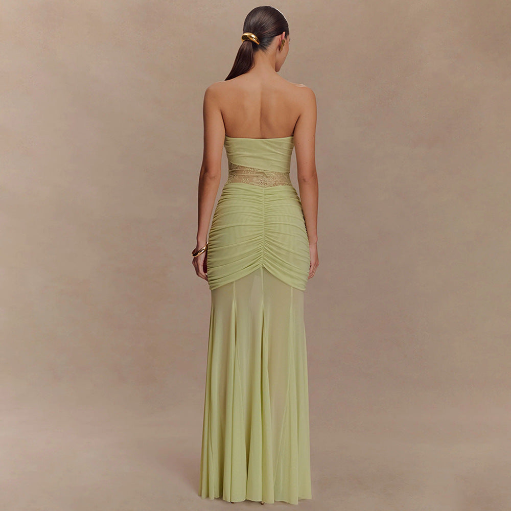 Black Lace Corset Strapless Evening Gown – Elegant Ruched Mesh Maxi Dress