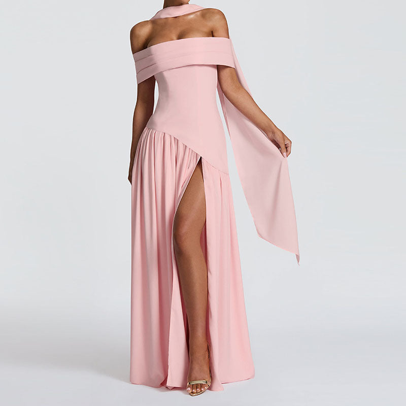 Off Shoulder Maxi Dress with High Slit – Elegant Evening Gown