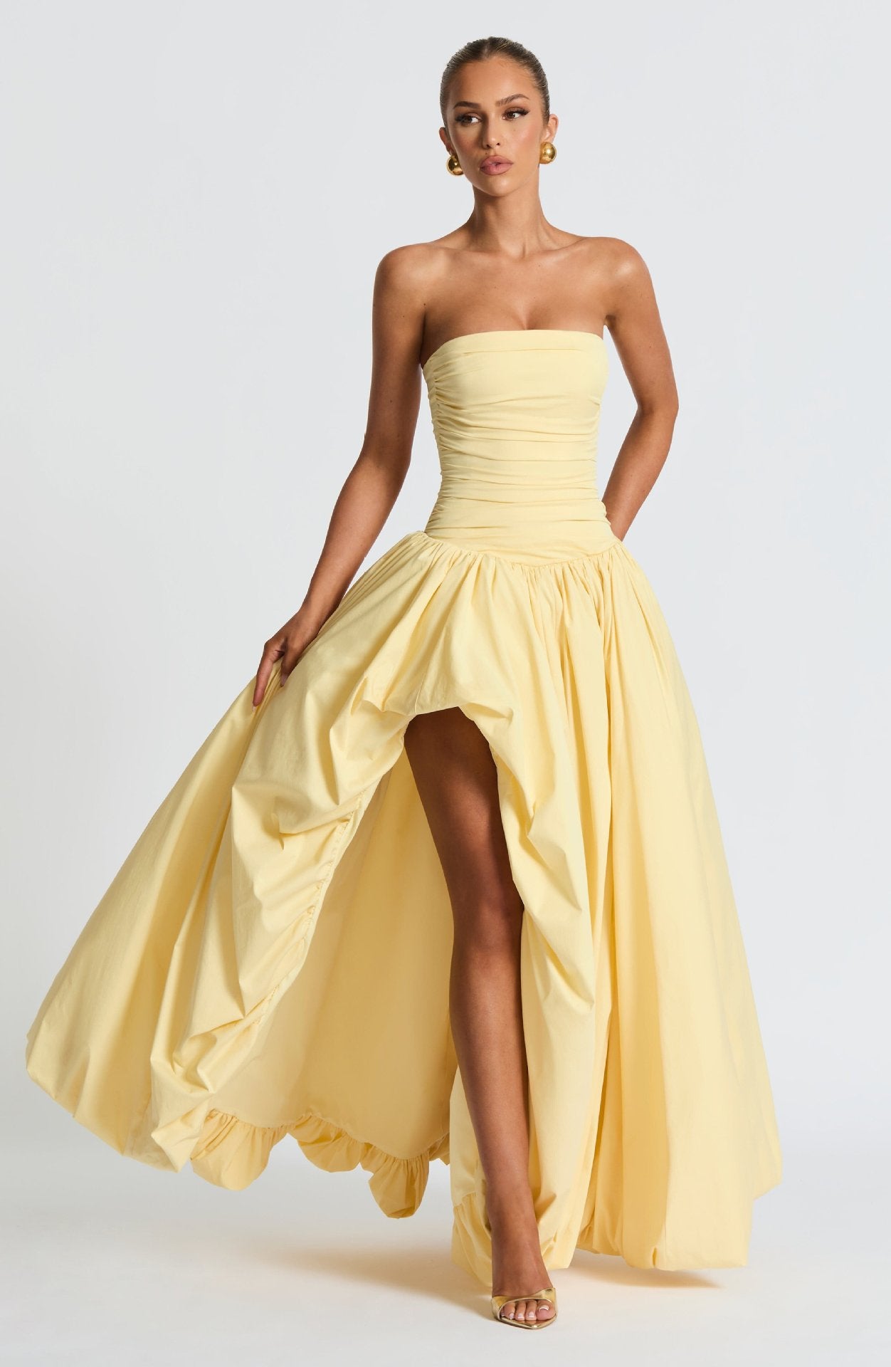 Elegant Strapless Yellow High Slit Maxi Dress – Formal Evening Gown