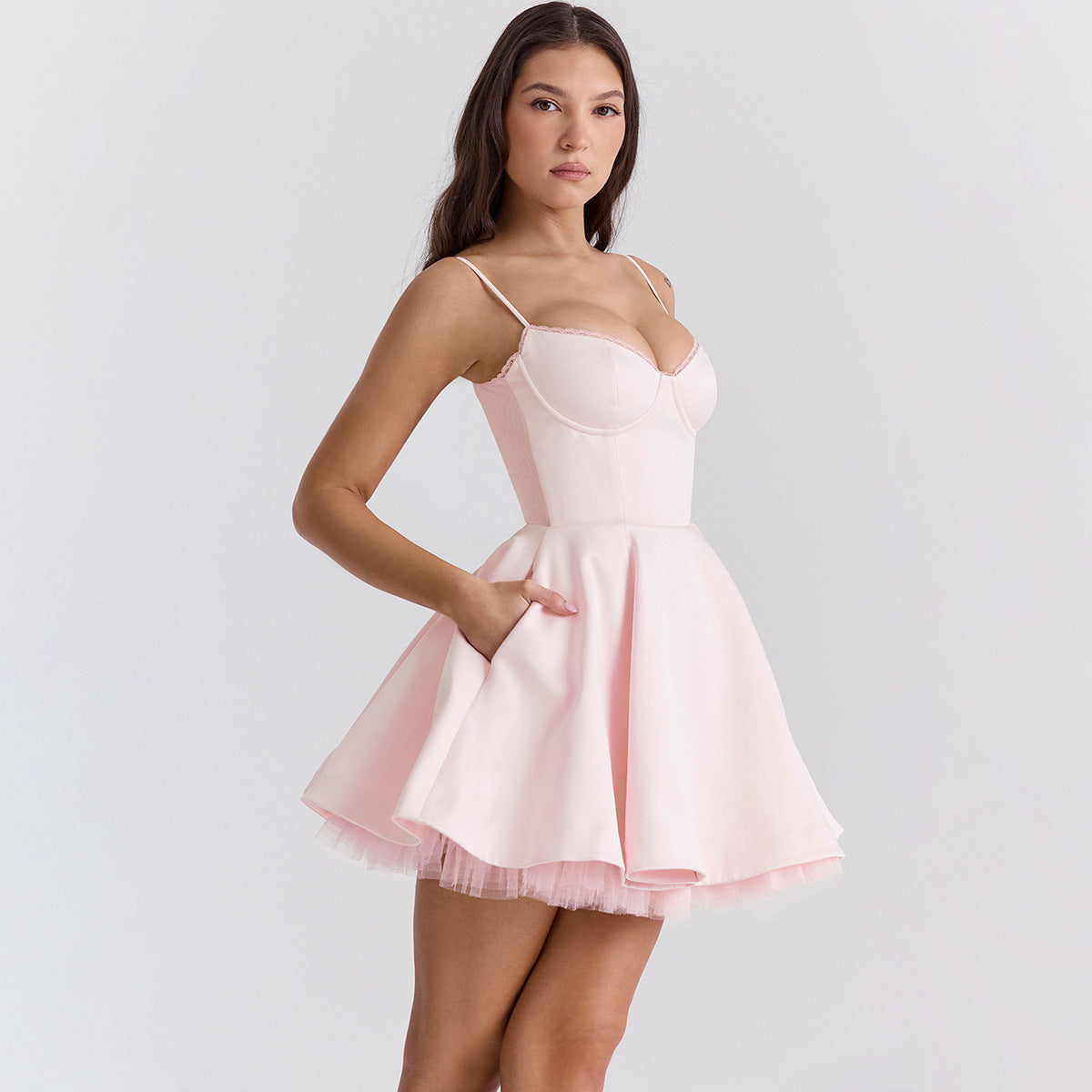 Pink Satin Mini Dress with Tulle Hem – Sweetheart Corset Fit Flare Party Dress